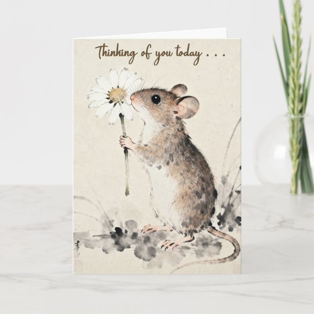 Mouse Holding a Flower Thinking Of You Card (Front)
