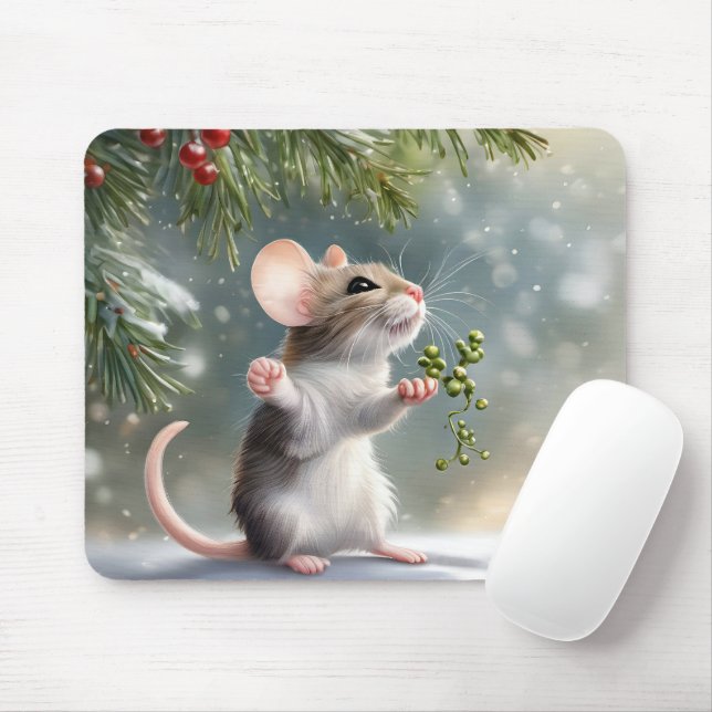 Mouse Holding a Mistletoe Sprig Mouse Pad (With Mouse)