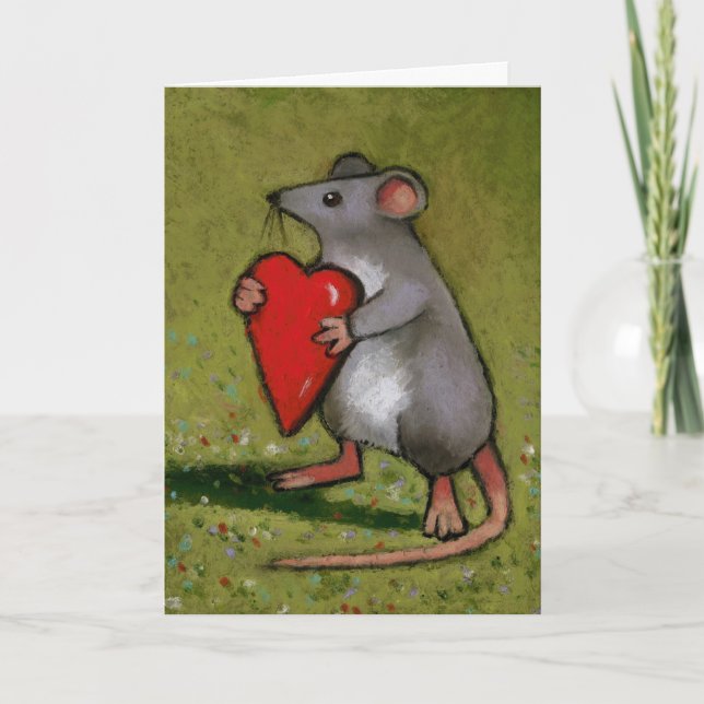 Mouse Holding Heart: Valentines: Original Art Holiday Card (Front)