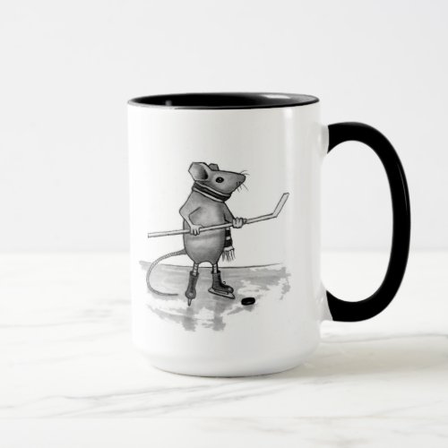 Mouse Holding Hockey Stick Pencil Drawing Mug