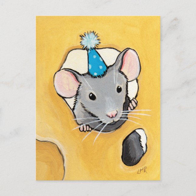 Mouse in a Blue Party Hat - Animal Art Postcards (Front)