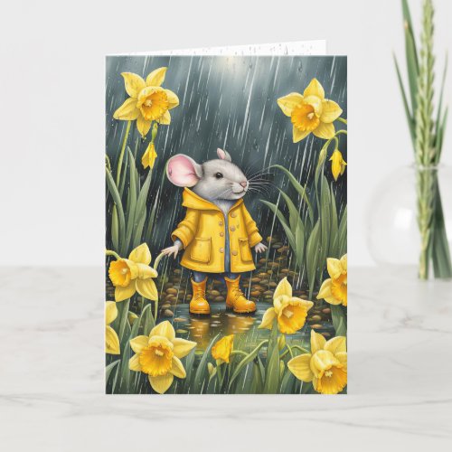 Mouse In a Rainy Daffodil Garden Card