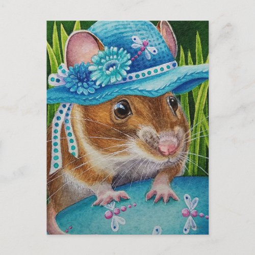 Mouse in Bonnet Found Blue Egg Watercolor Art Postcard