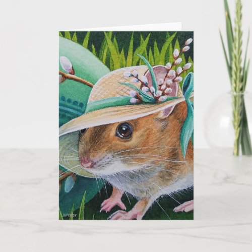 Mouse in Bonnet Found Green Egg Watercolor Art Card