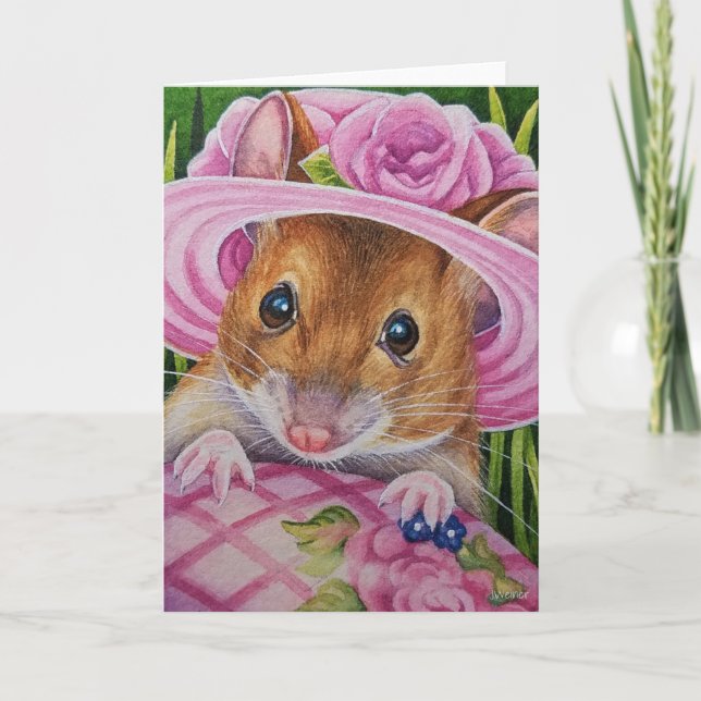 Mouse in Bonnet Found Pink Egg Watercolor Art Card (Front)