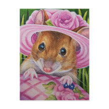 Mouse in Bonnet Found Pink Egg Watercolor Art