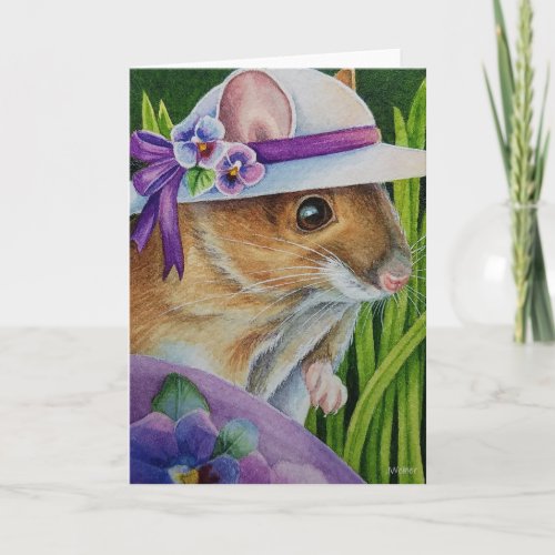 Mouse in Bonnet Found Purple Egg Watercolor Art Card