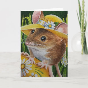 Mouse in Bonnet Found Yellow Egg Watercolor Art Card