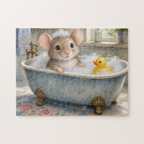 Mouse in Bubble Bath with Yellow Ducky Jigsaw Puzzle