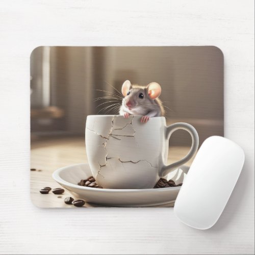 Mouse in Cracked Coffee Cup Mouse Pad