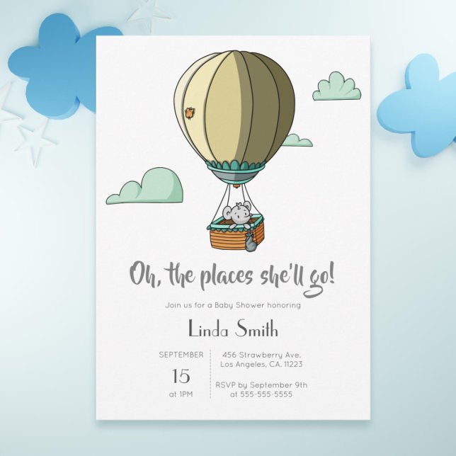 Mouse in Hot Air Balloon Neutral Baby Shower Invitation