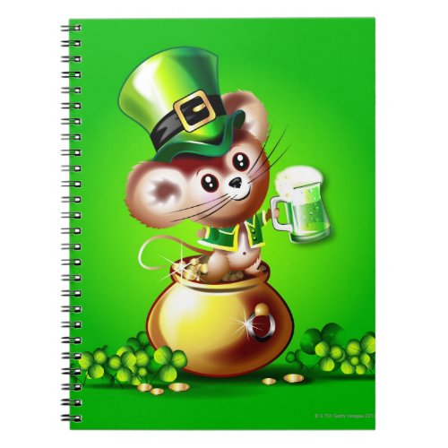 Mouse in pot of gold holding pint of green beer notebook