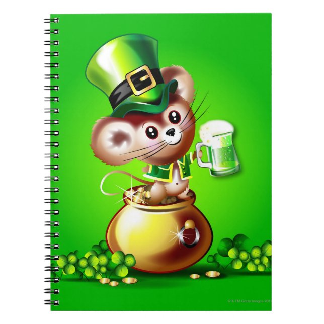 Mouse in pot of gold holding pint of green beer notebook (Front)