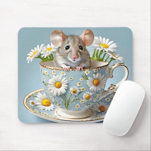 Mouse in Teacup With Daisies Mouse Pad