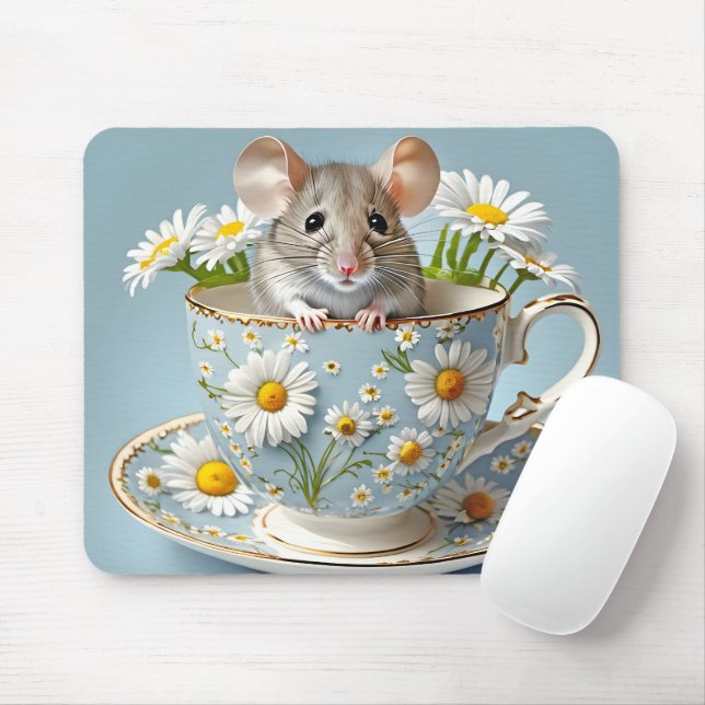 Mouse in Teacup With Daisies Pad (With Mouse)