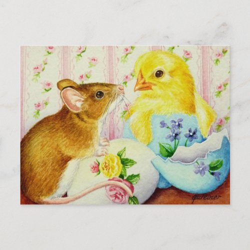 Mouse Meets Baby Chick Easter Watercolor Art Postcard