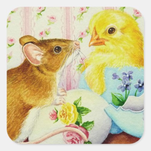 Mouse Meets Baby Chick Easter Watercolor Art Square Sticker