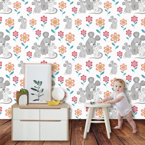 Mouse mother babies and flowers pattern wallpaper 