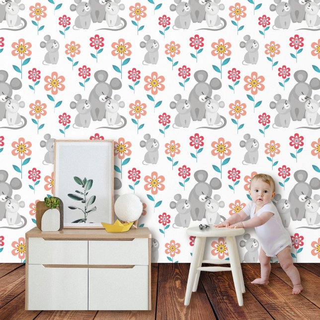 Mouse mother, babies and flowers pattern wallpaper  (Creator Uploaded)