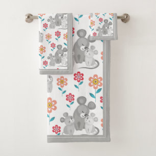 Mouse mother, babies gray border Mother's Day Bath Towel Set