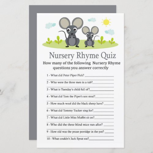 Mouse Nursery Rhyme Quiz baby shower game