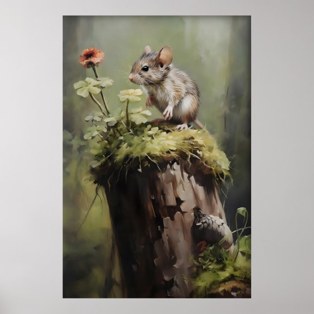 Mouse On Stump Forest Print, Dark Academia Animal Poster (Front)