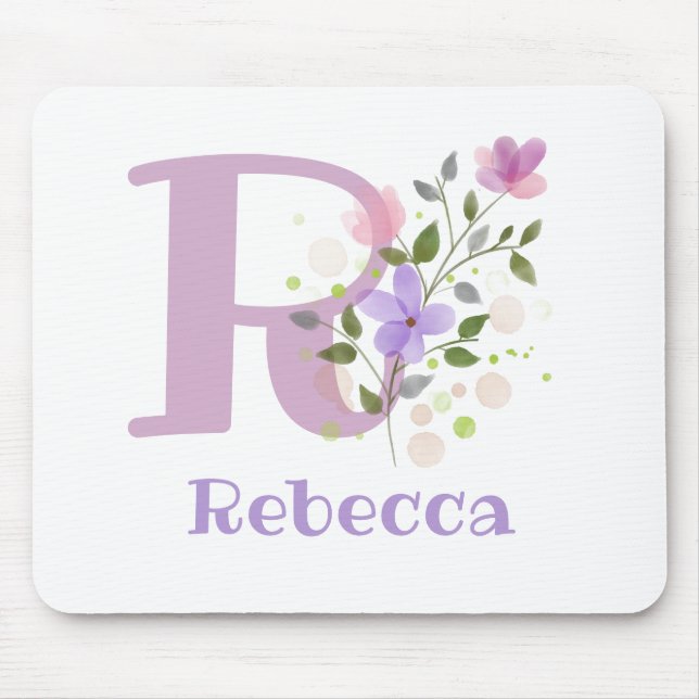 Mouse Pad Initial Plus Name & Flowers Design (Front)