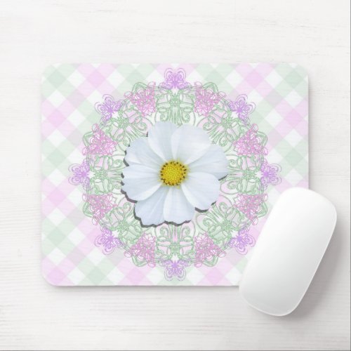 Mouse Pad _ White Cosmos on Lace  Lattice