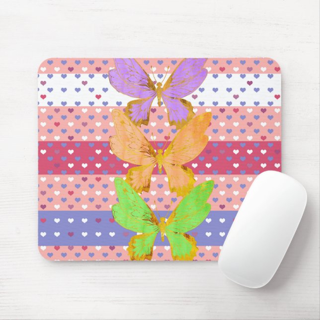 Mouse Pad with Colorful Butterflies & Hearts (With Mouse)