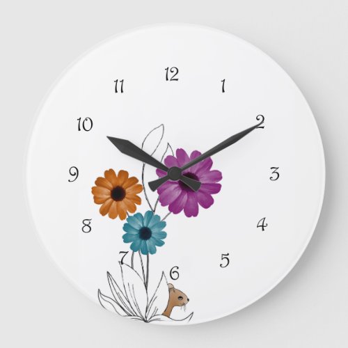 Mouse Peeks Out from a Flower Garden Large Clock