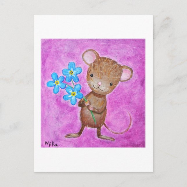 Mouse Postcard Cute Mouse Forget me Not Flowers (Front)