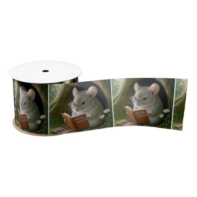 Mouse Reading a Book In Tree Hole Satin Ribbon (Spool)