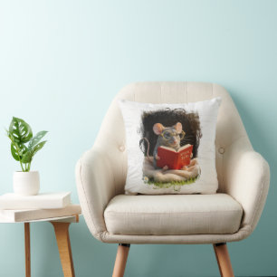 Mouse Reading a Book Throw Pillow