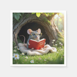Mouse Reading a Red Book On a Blanket Napkins