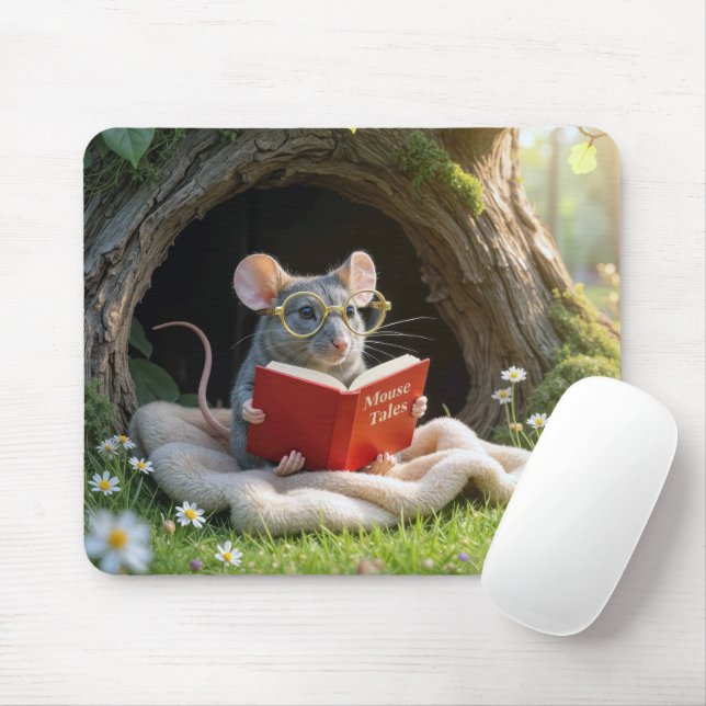 Mouse Reading a Red Book On a Blanket Pad (With Mouse)