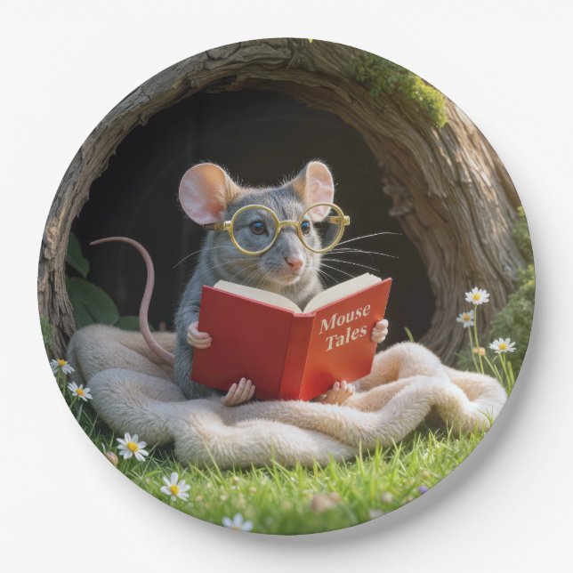 Mouse Reading a Red Book On a Blanket Paper Plates (Front)