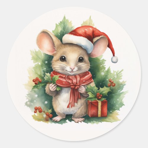 Mouse Red Santa Hat Christmas Holiday Green Name Classic Round Sticker