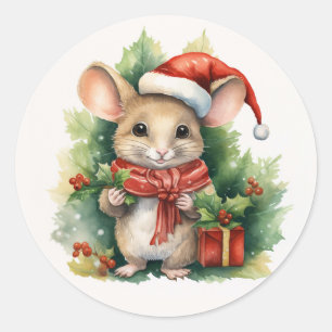 Mouse Red Santa Hat Christmas Holiday Green Name Classic Round Sticker