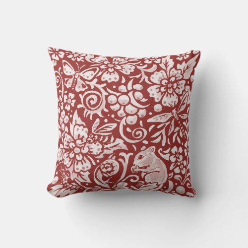 Mouse Red White Woodland Animal Floral Insects Throw Pillow