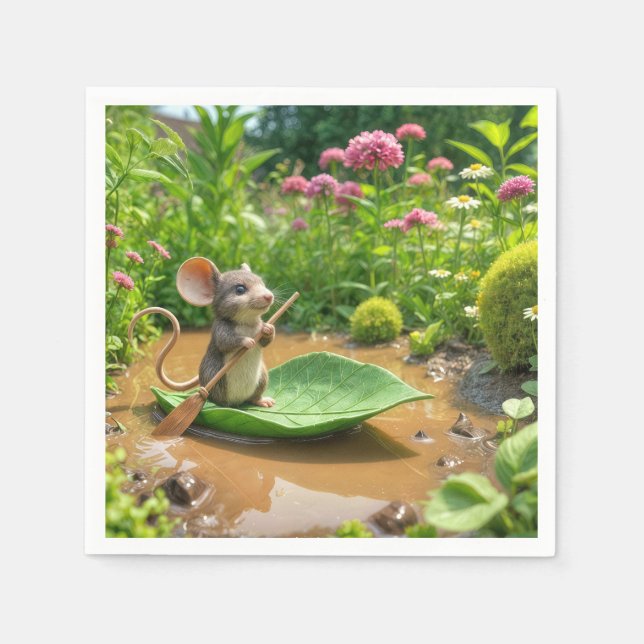 Mouse Rowing a Green Leaf Boat Napkins (Front)