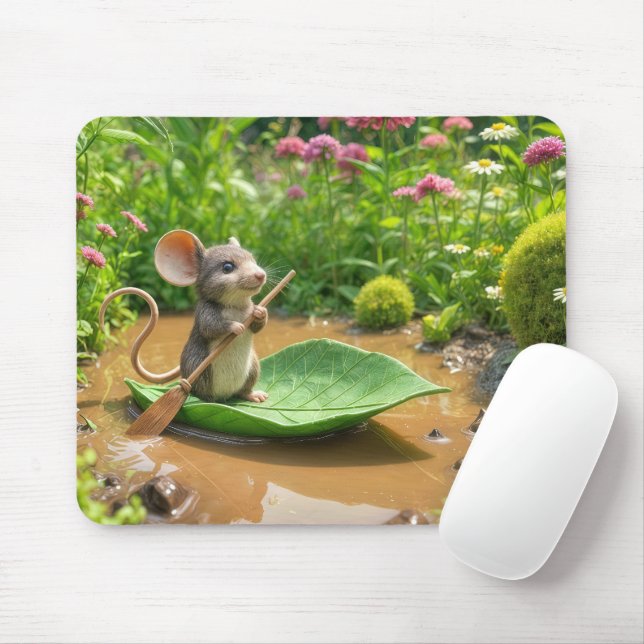Mouse Rowing a Green Leaf Boat Pad (With Mouse)