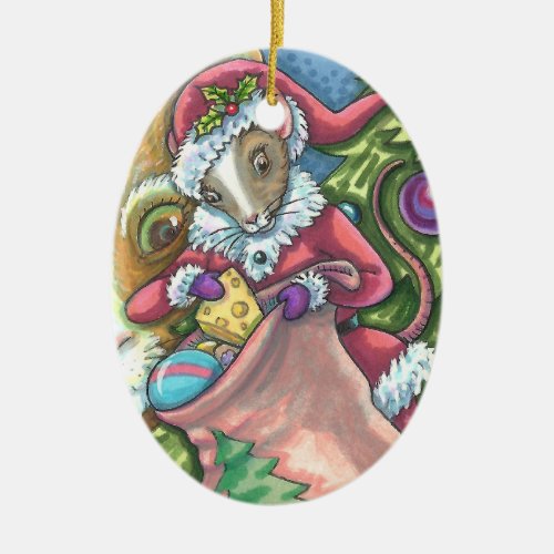 MOUSE SANTA BRINGS GOOD CATS CHRISTMAS GIFTS Cute Ceramic Ornament