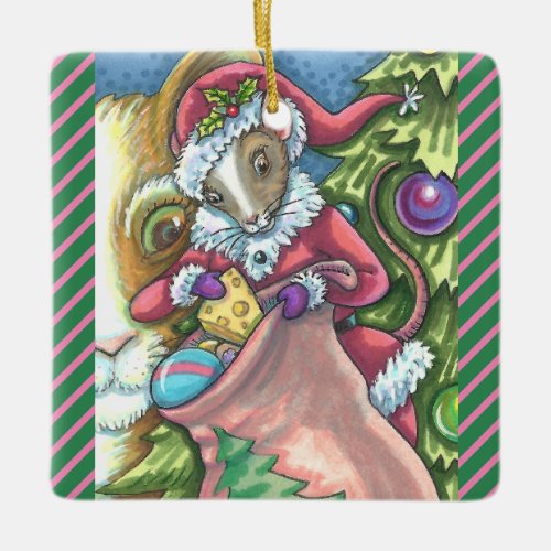 MOUSE SANTA BRINGS GOOD CATS CHRISTMAS GIFTS Cute Ceramic Ornament