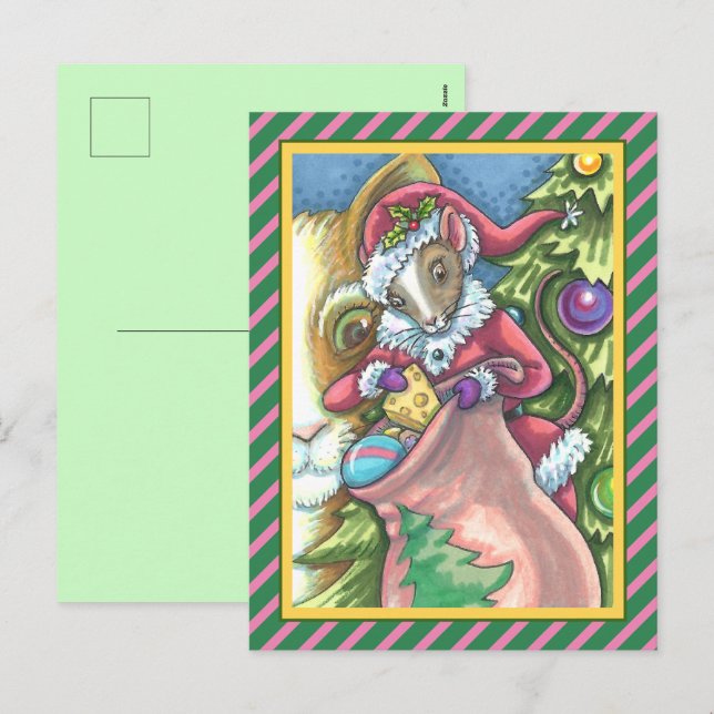 MOUSE SANTA BRINGS GOOD CATS CHRISTMAS GIFTS, Cute Holiday Postcard (Front/Back)