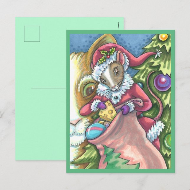 MOUSE SANTA BRINGS GOOD CATS CHRISTMAS GIFTS, Cute Holiday Postcard (Front/Back)