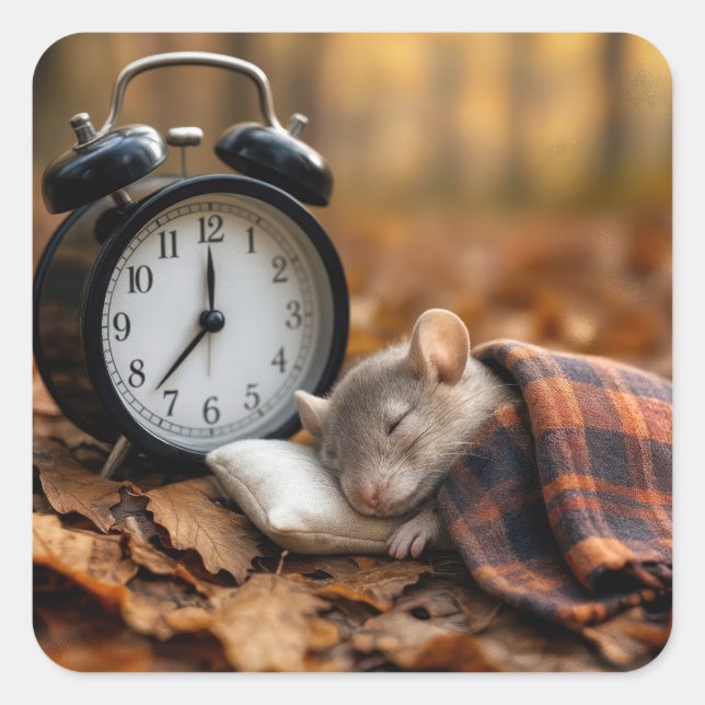 Mouse Sleeping By an Alarm Clock Square Sticker (Front)