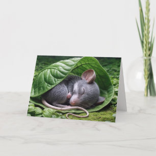 Mouse Sleeping In a Green Leaf Card