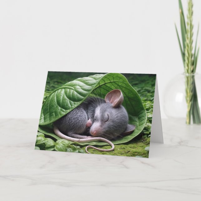 Mouse Sleeping In a Green Leaf Card (Front)