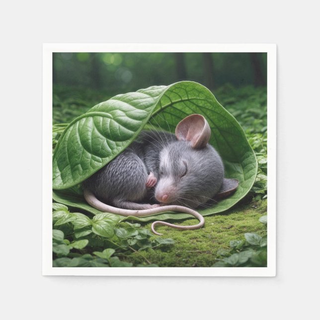 Mouse Sleeping In a Green Leaf Napkins (Front)