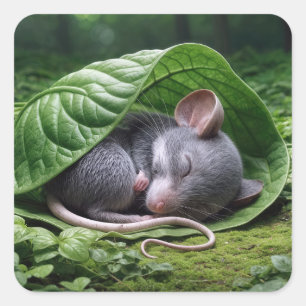 Mouse Sleeping In a Green Leaf Square Sticker